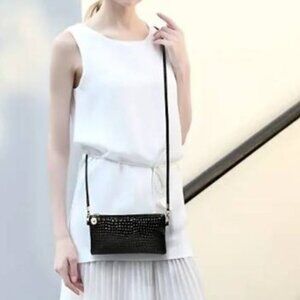 New Black Crocodile Pattern Crossbody Glossy Phone Purse Zipper Shoulder Bag